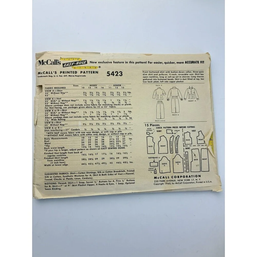Shirt Vest Skirt 3-Gore V-neck Uncut Pattern 5423 Vtg 60s Junior Teen Size 11